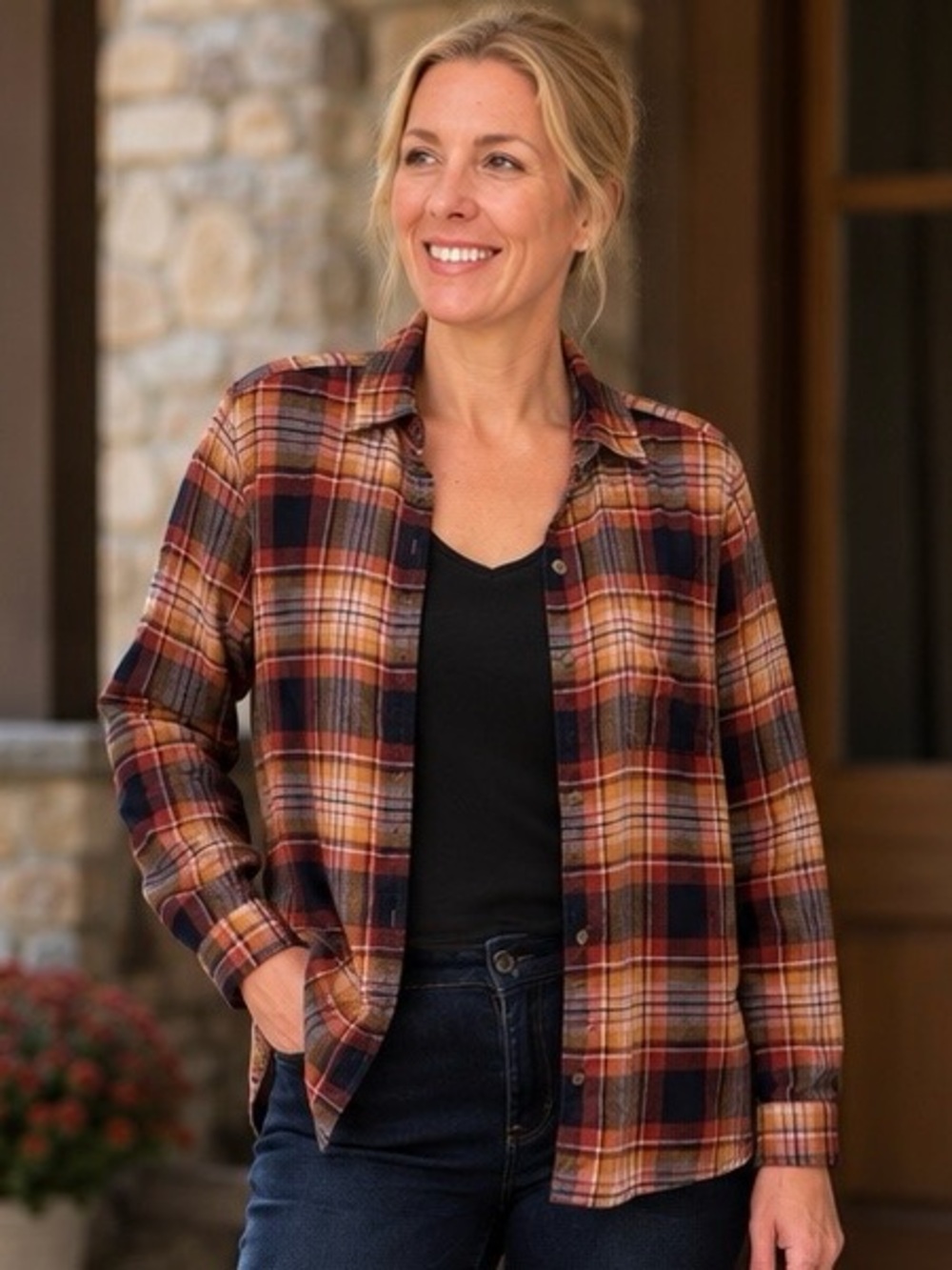 American Eagle Boyfriend Fit Plaid Fall Flannel Shirt Large